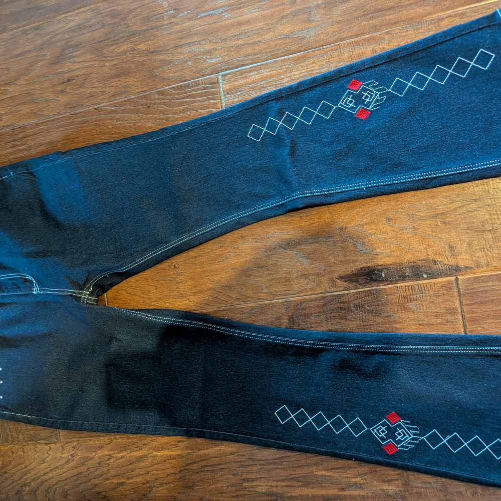 Trendy Blue Jeans Boot Cut with Red and White Accents